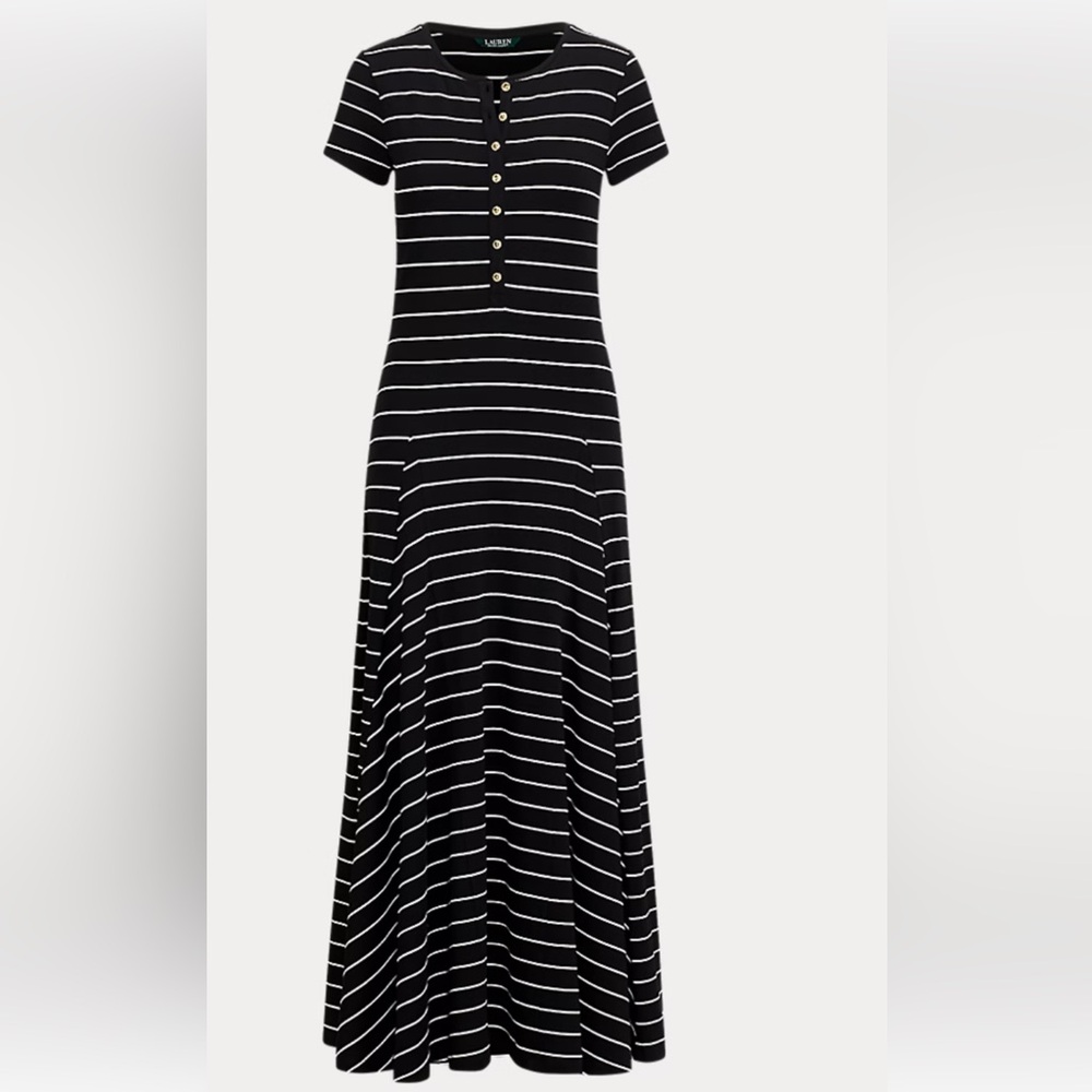 Black & White Striped Maxi Dress with Button Front